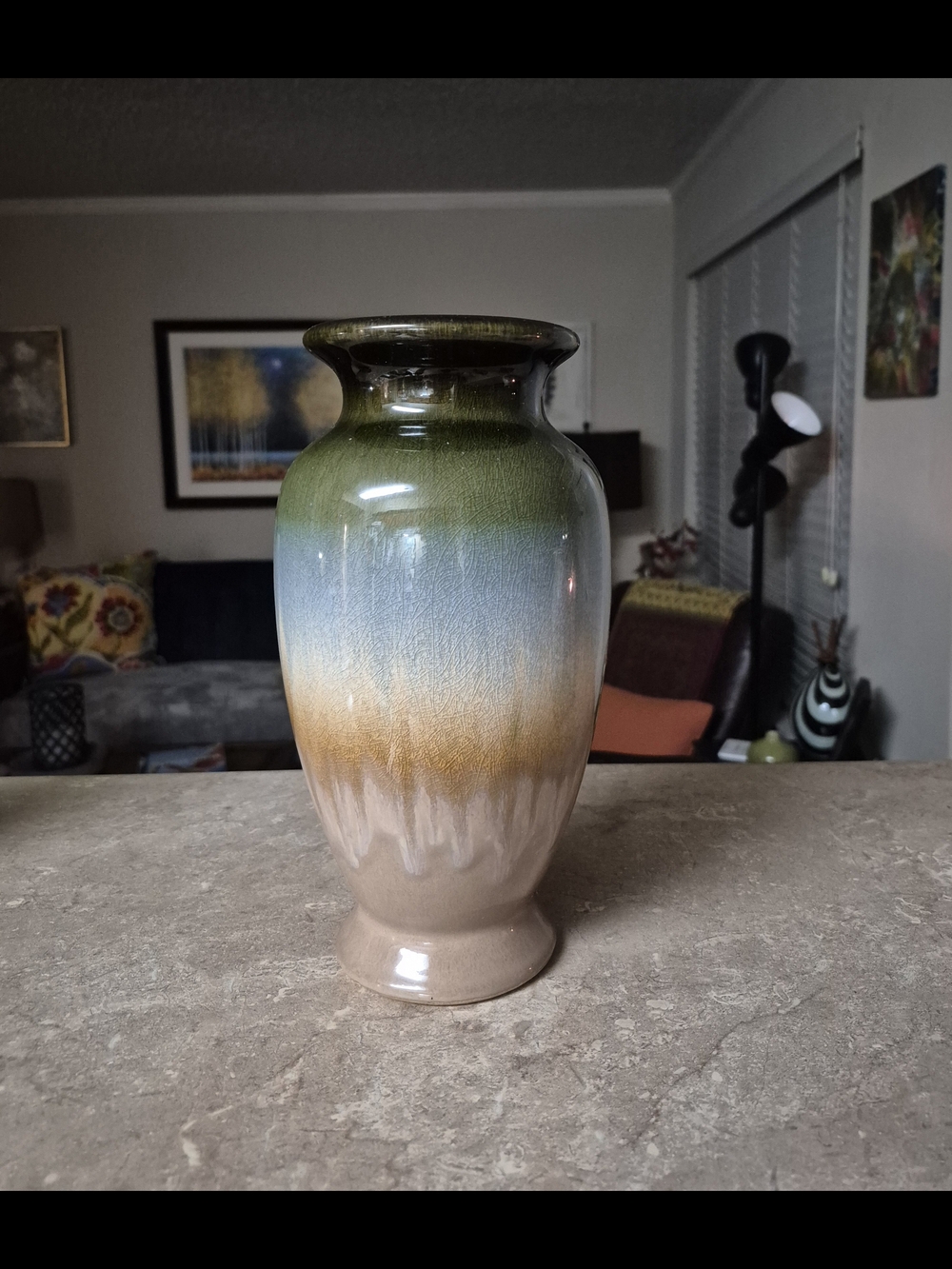 Handcrafted Crackle, Glazed Ceramic Vase in Green, Blue and Amber - Picture 4 of 4